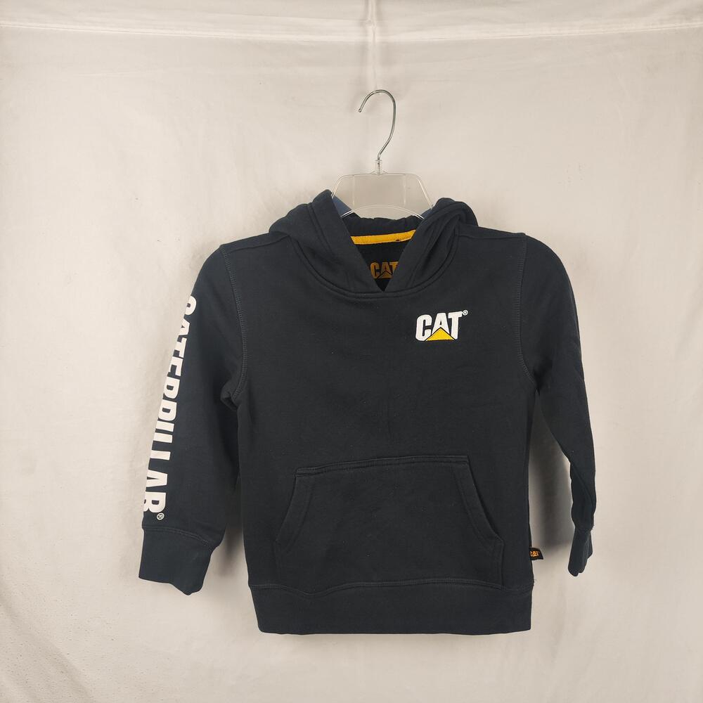 Caterpillar Hoodie Youth XS 5/6 Black Fleece Pullover CAT Logo Sleeve Graphic